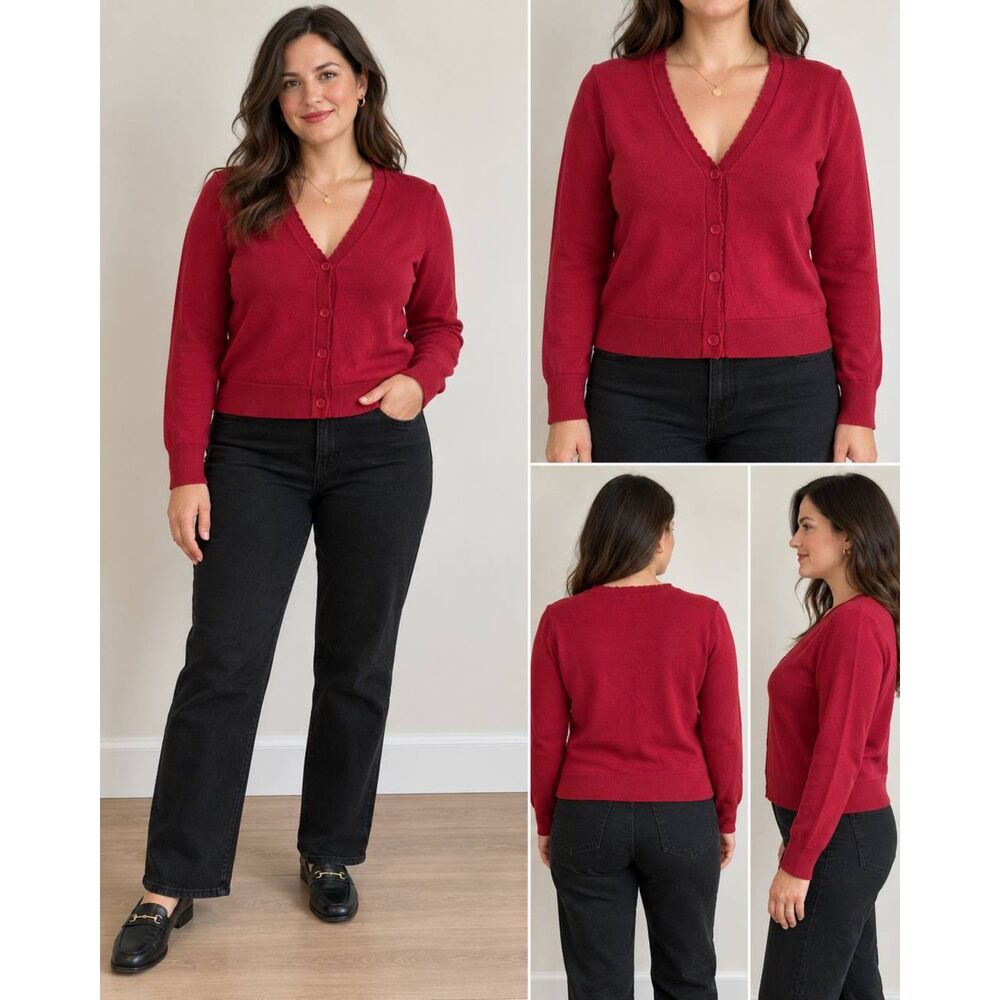 Stitches + Stripes Women XXL Red Cardigan Cotton Viscose V Neck Button Front